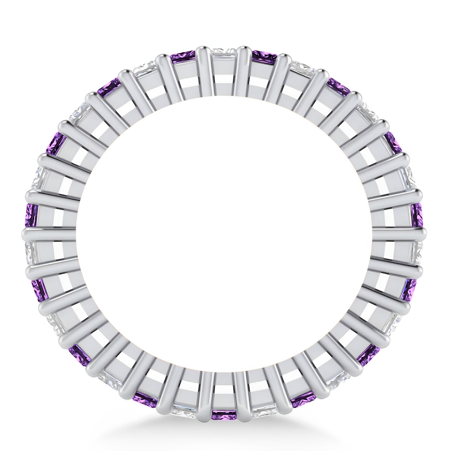 Princess Cut Diamond & Amethyst Wedding Band in 14k White Gold Front View