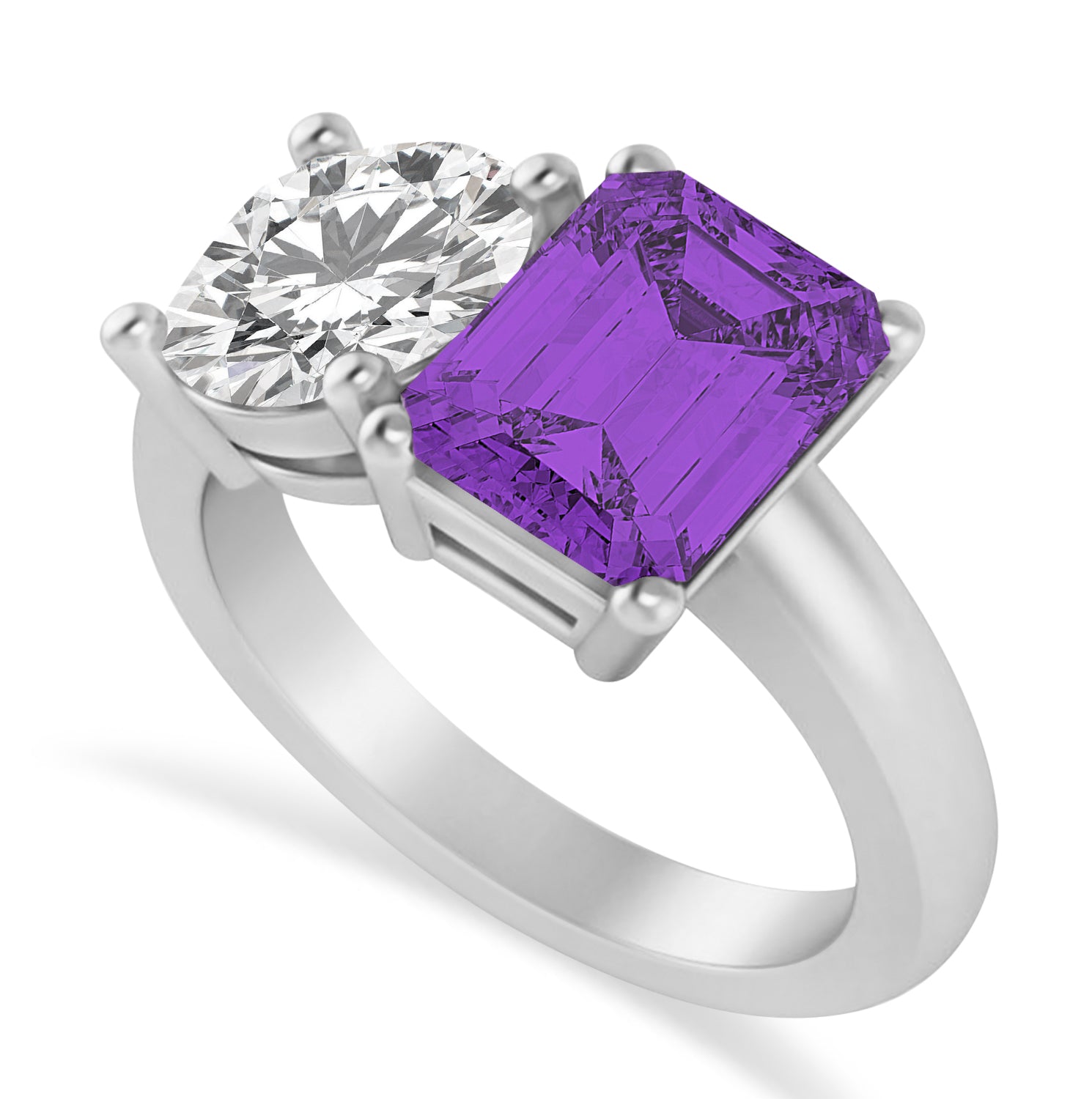 Round Diamond & Emerald Amethyst "Me & You" Ring in 14k White Gold (4.50ct) Top View