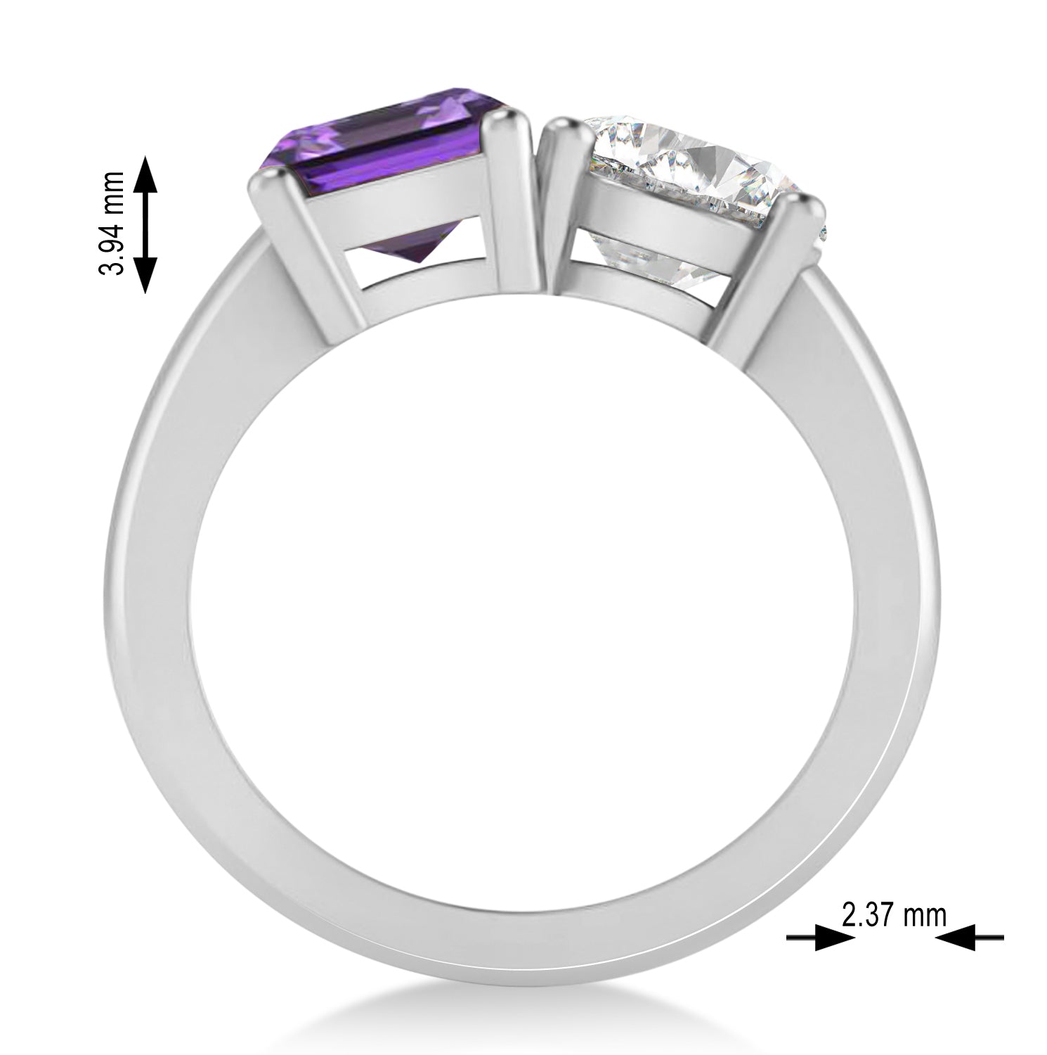 Round Diamond & Emerald Amethyst "Me & You" Ring in 14k White Gold (4.50ct) Dimension