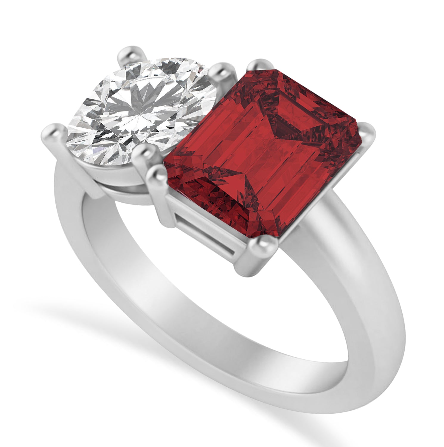 Round Diamond & Emerald Cut Garnet "You and Me" Ring in 14k White Gold (4.50ct) Top View