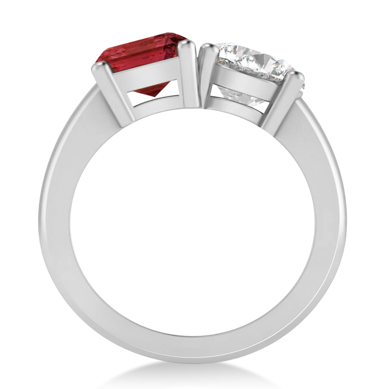 Round Diamond & Emerald Cut Garnet "You and Me" Ring in 14k White Gold (4.50ct) Front View