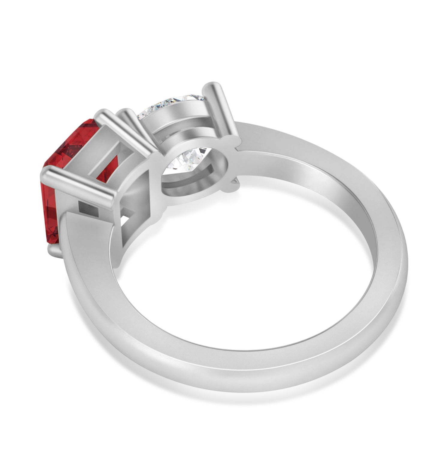 Round Diamond & Emerald Cut Garnet "You and Me" Ring in 14k White Gold (4.50ct) Flat View 2
