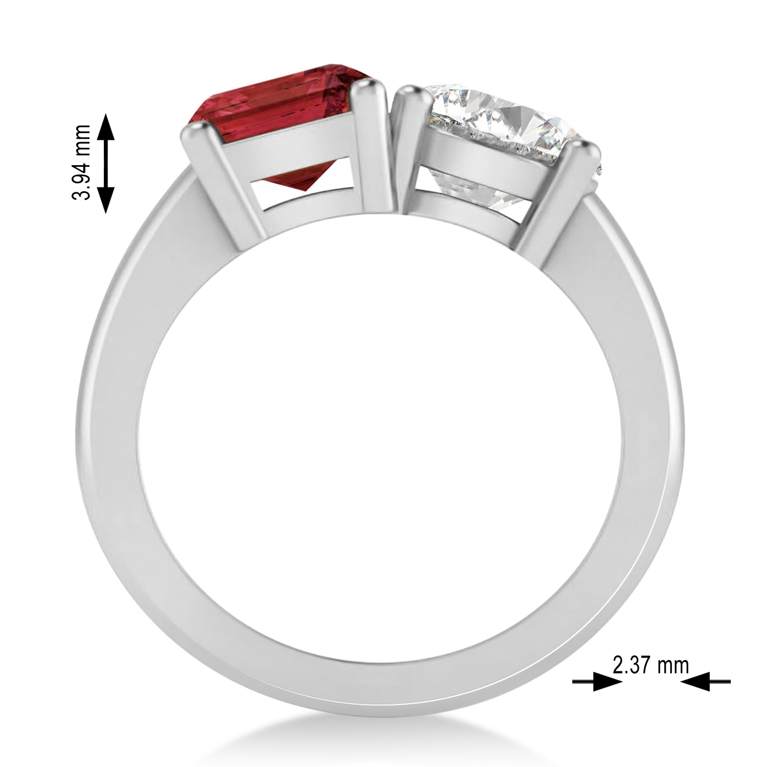 Round Diamond & Emerald Cut Garnet "You and Me" Ring in 14k White Gold (4.50ct) Measurements