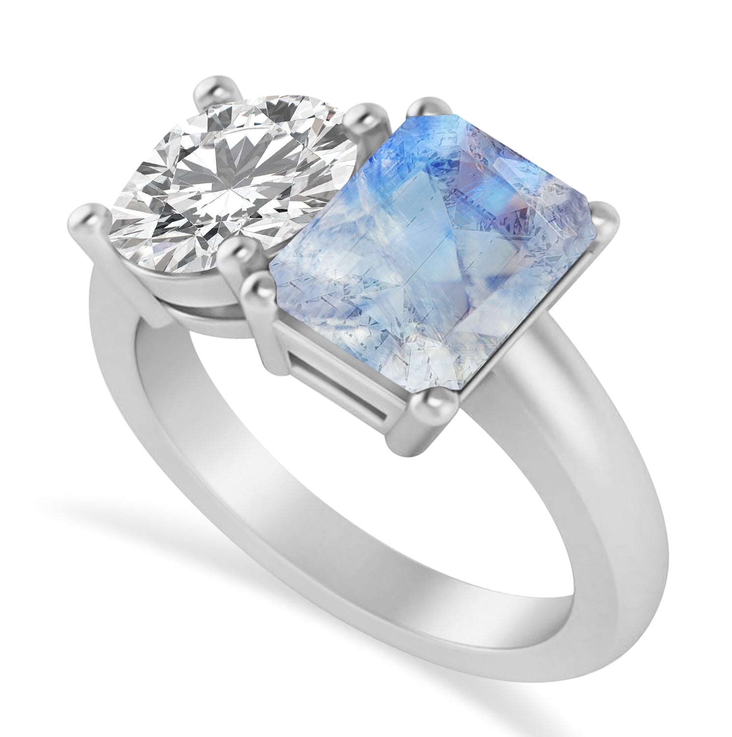 Round Diamond & Emerald Moonstone "You & Me" Ring in 14k White Gold (4.50ct) Top View