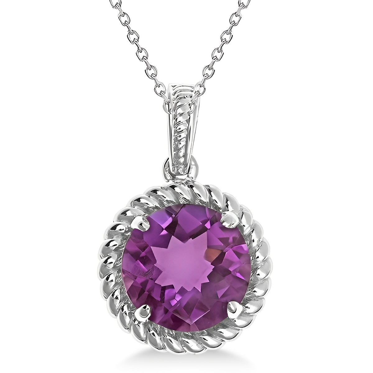 Round Solitaire Amethyst Necklace in Sterling Silver (4.09ct) Front View 2