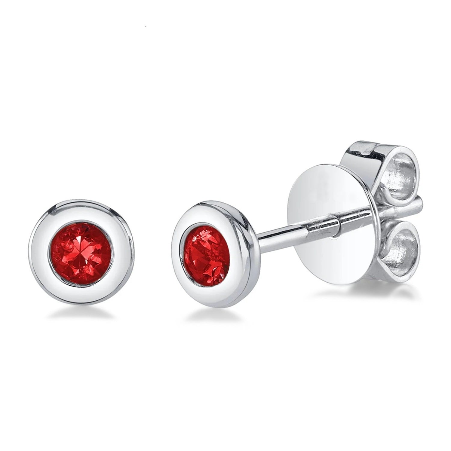 Round Ruby Bezel Stud Earrings in 14k White Gold (0.10ct) Front View 2
