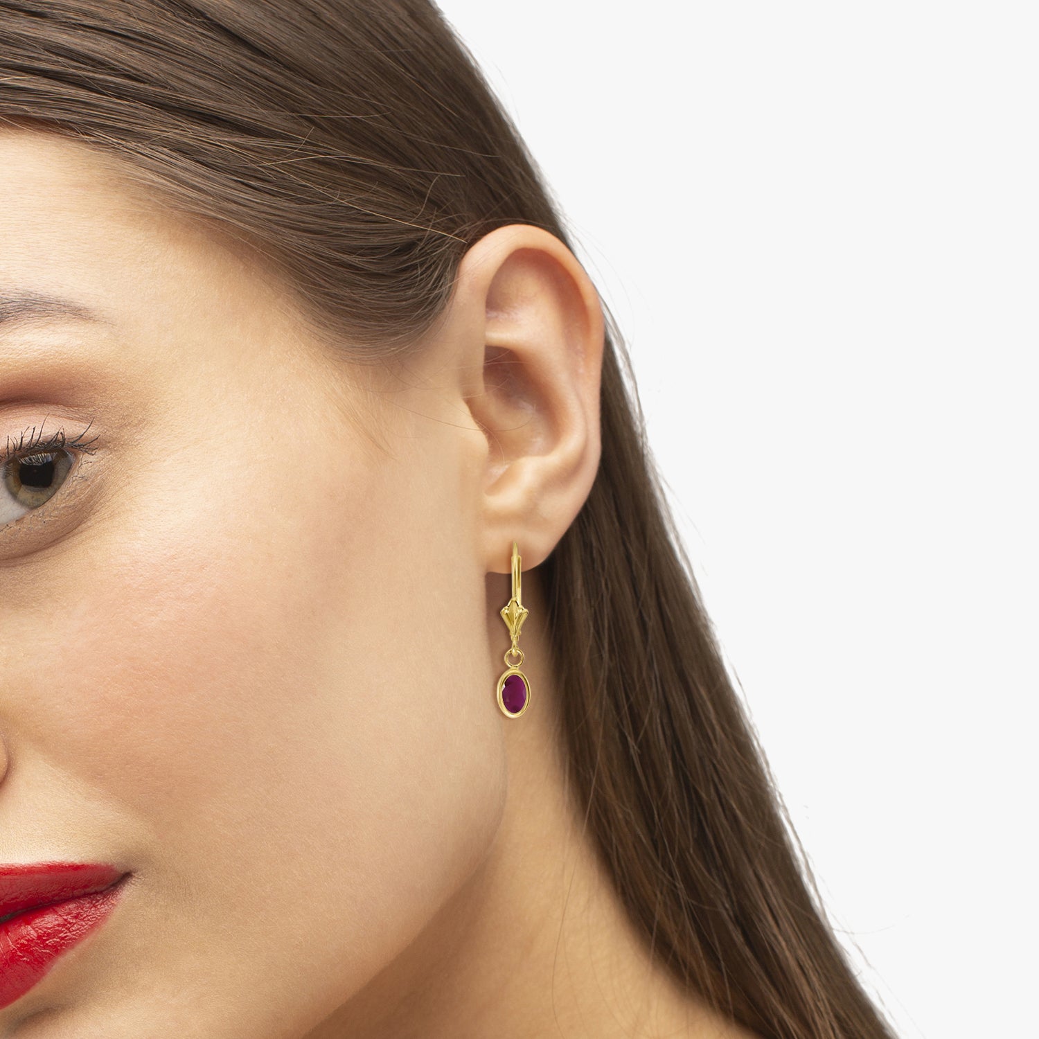 Ruby Dangling Drop Lever-Back Earrings in 14K Yellow Gold (0.90ct) on Woman