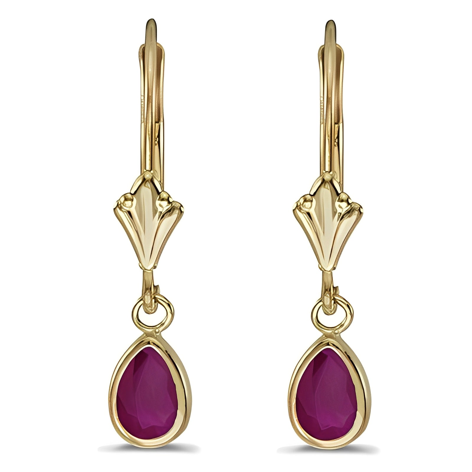 Ruby Dangling Drop Lever-Back Earrings in 14K Yellow Gold (0.90ct) Front View