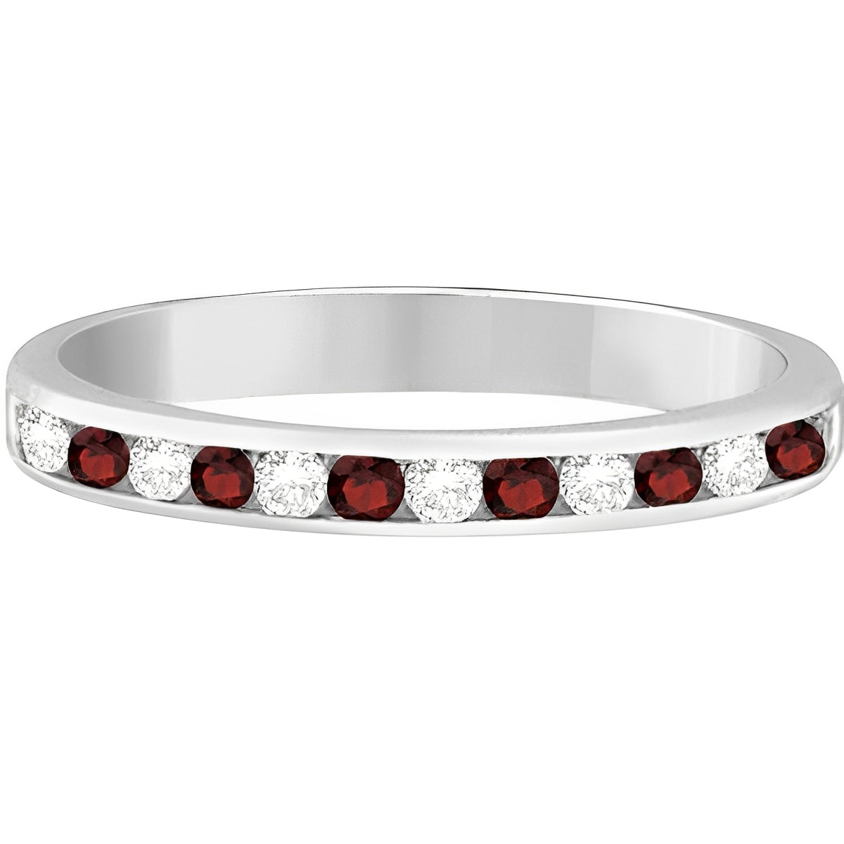 Semi Eternity Diamond & Garnet Ring in 14k White Gold (0.40ct) Flat View