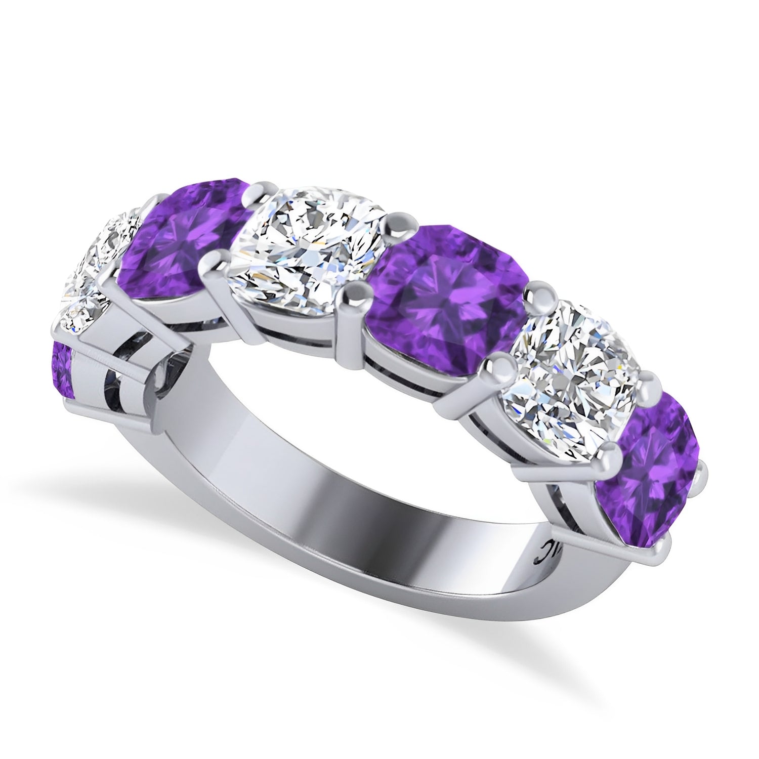 Seven Stone Cushion Cut Diamond & Amethyst Ring in 14k White Gold (5.85ct) Front View
