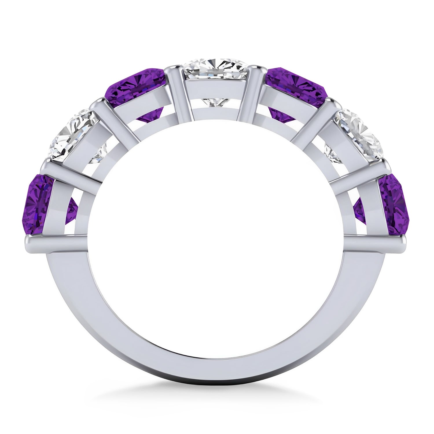 Seven Stone Cushion Cut Diamond & Amethyst Ring in 14k White Gold (5.85ct) Front View