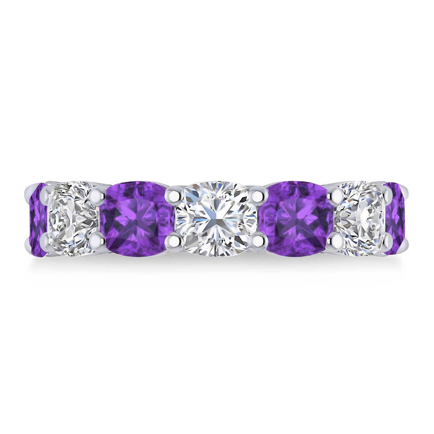 Seven Stone Cushion Cut Diamond & Amethyst Ring in 14k White Gold (5.85ct) Flat View