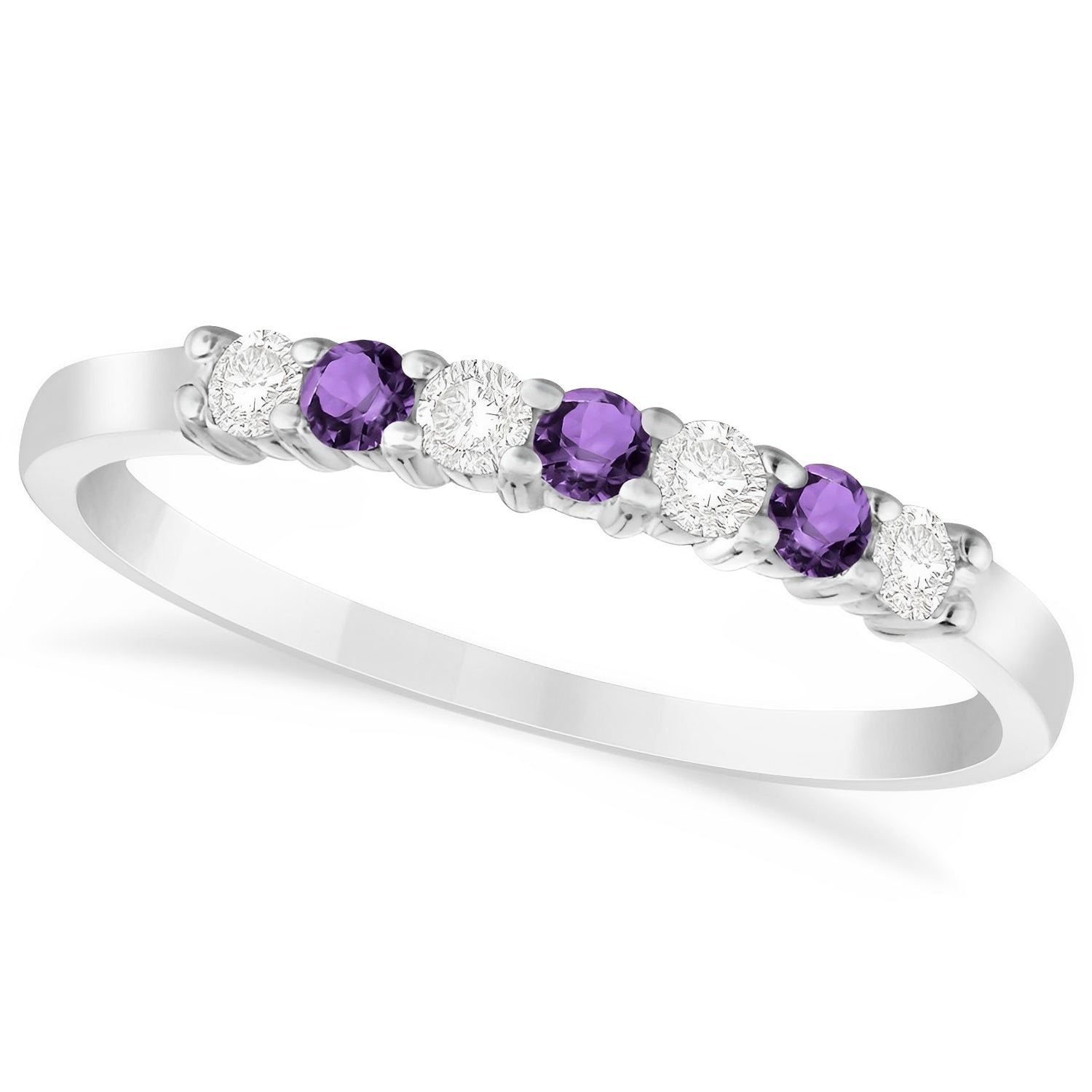 Seven Stone Diamond & Amethyst Wedding Band in 14k White Gold Top View