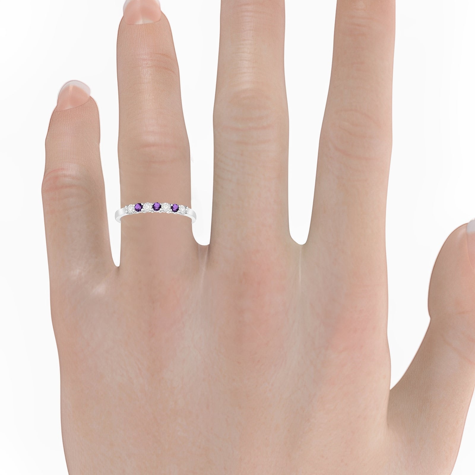 Seven Stone Diamond & Amethyst Wedding Band in 14k White Gold when Worn