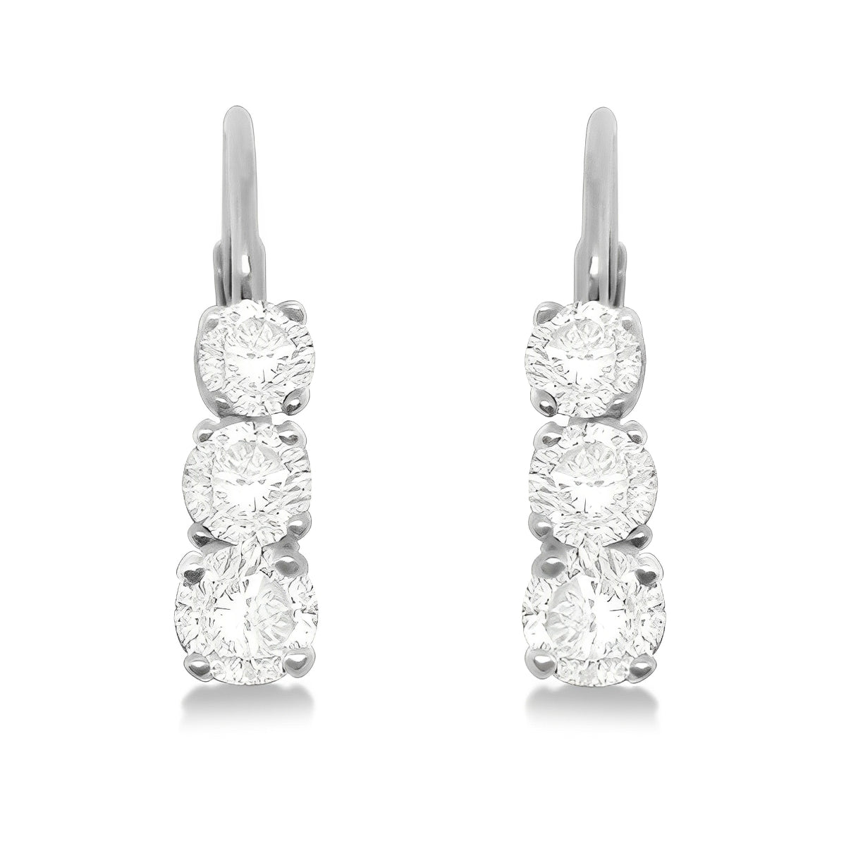 Three-Stone Graduated Diamond Leverback Earrings in 14K White Gold Front View