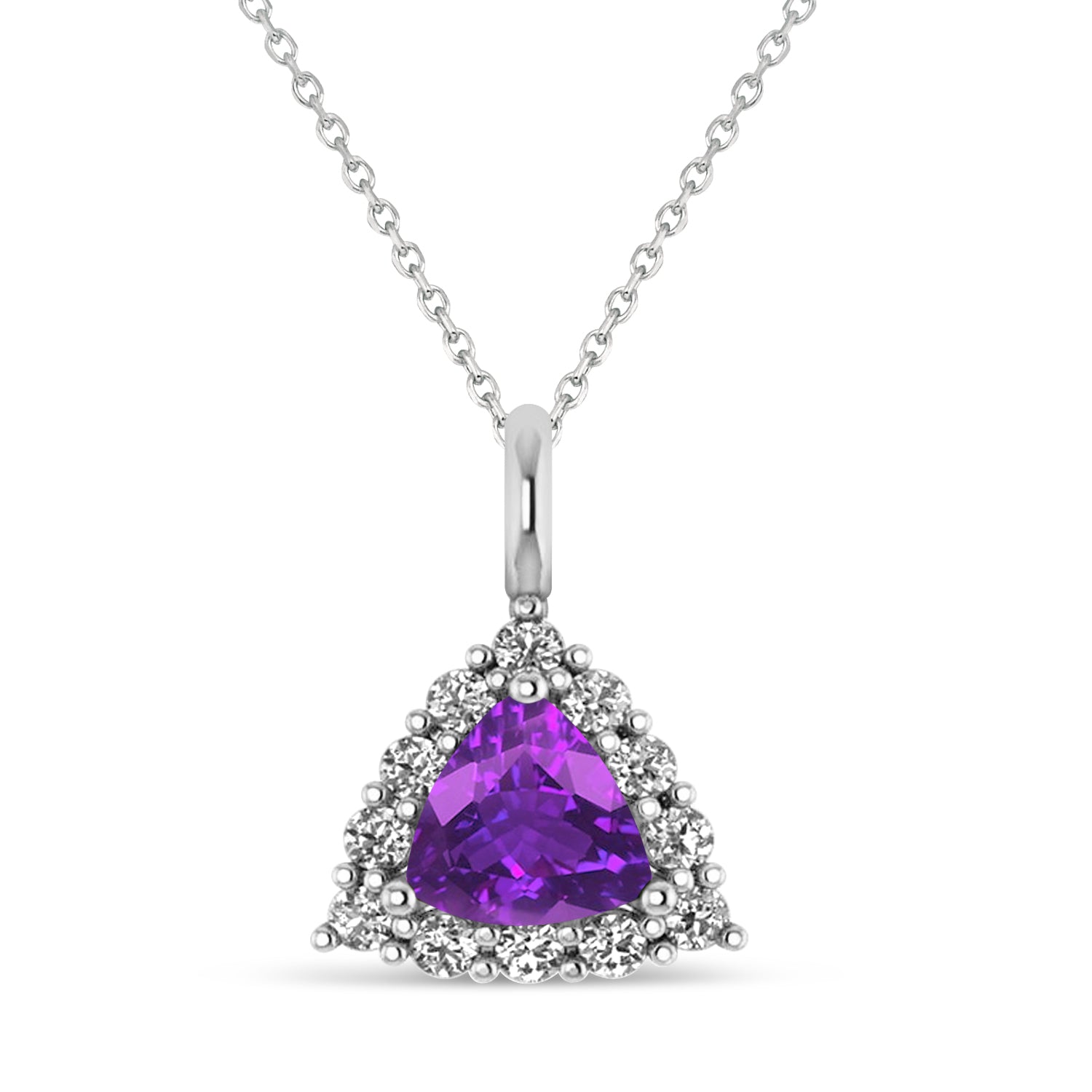 Triilion Cut Diamond & Amethyst Necklace in 14k White Gold (1.26ct) Front View