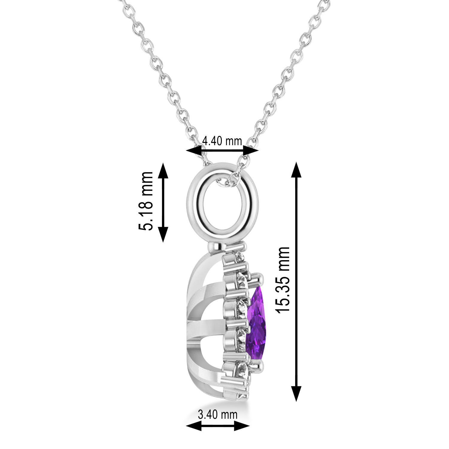 Triilion Cut Diamond & Amethyst Necklace in 14k White Gold (1.26ct) Measurements 2
