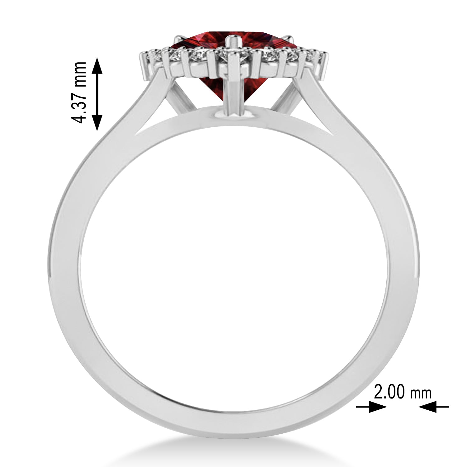 Trillion Cut Diamond & Garnet Ring in 14k White Gold (1.7ct) Measurements