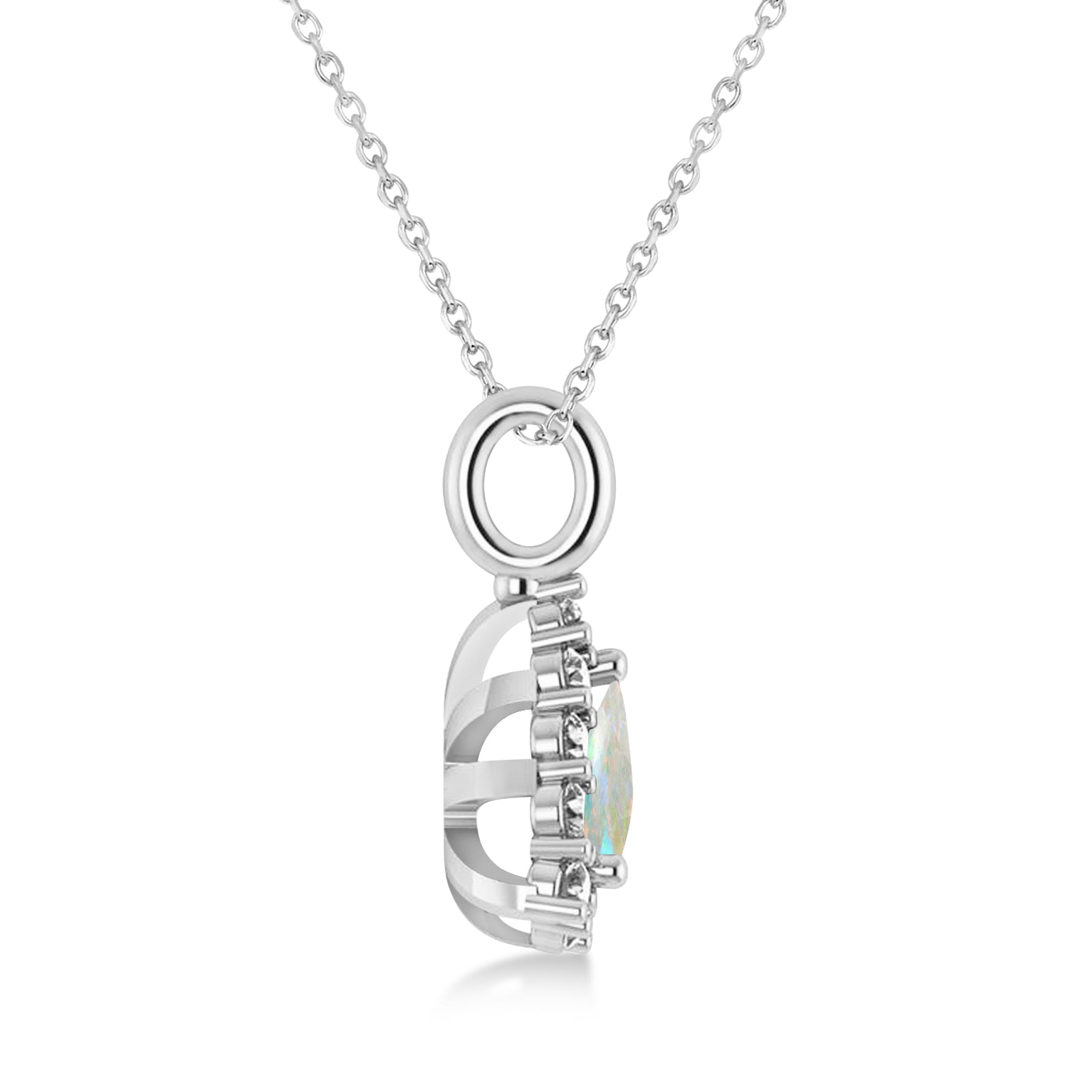 Trillion Cut Opal & Diamond Halo Pendant Necklace in 14K White Gold (1.24ct) – October Birthstone Fine Jewelry for Women Side View