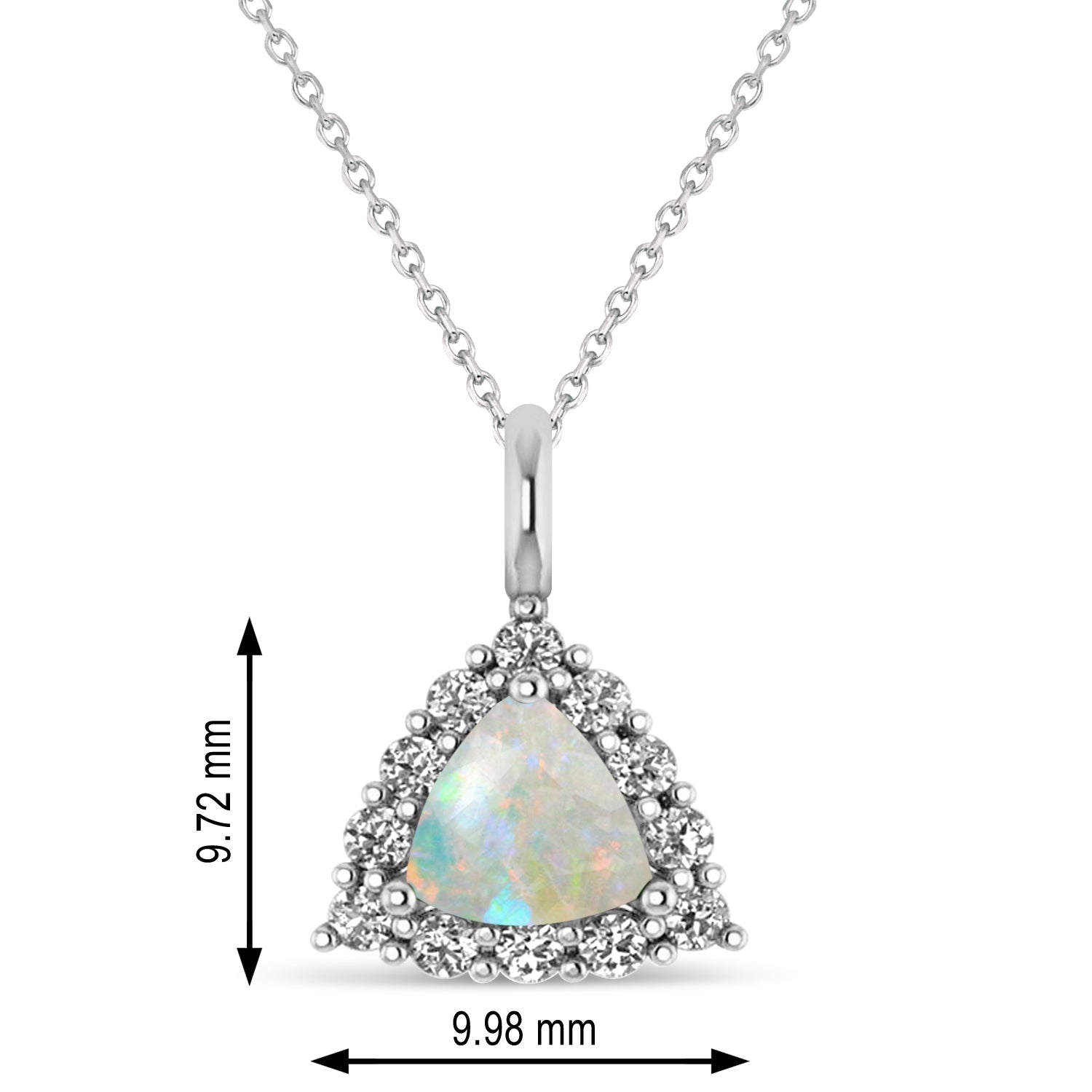 Trillion Cut Opal & Diamond Halo Pendant Necklace in 14K White Gold (1.24ct) – October Birthstone Fine Jewelry for Women with measurement