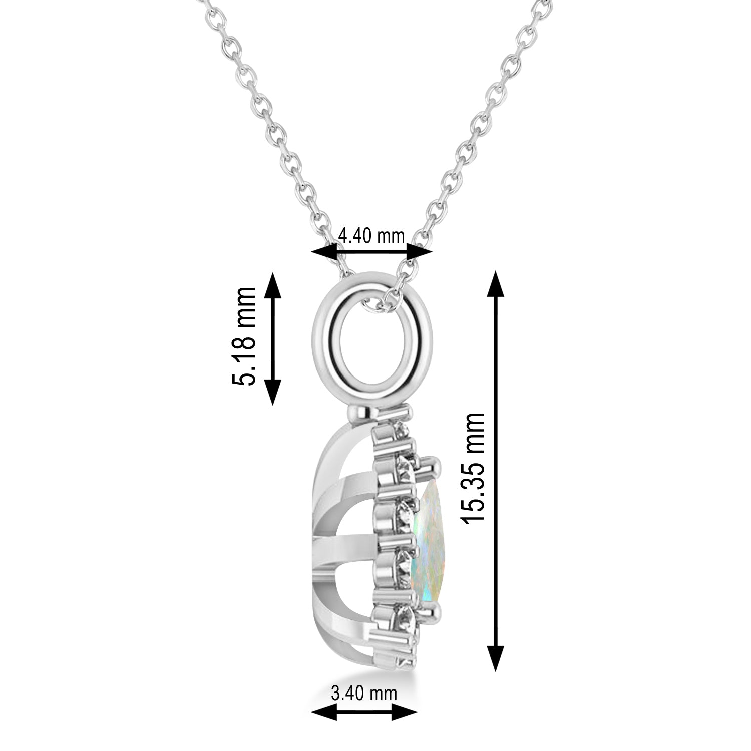 Trillion Cut Opal & Diamond Halo Pendant Necklace in 14K White Gold (1.24ct) – October Birthstone Fine Jewelry for Women with measurement