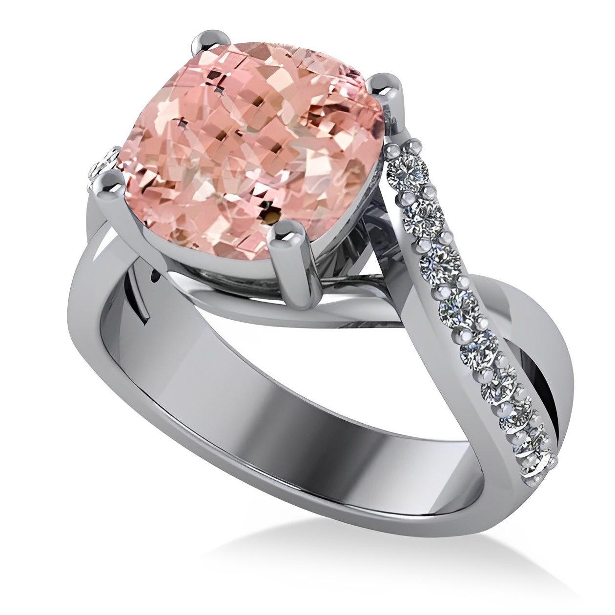Twisted Cushion Pink Morganite Ring in 14k White Gold (4.16ct) Top View