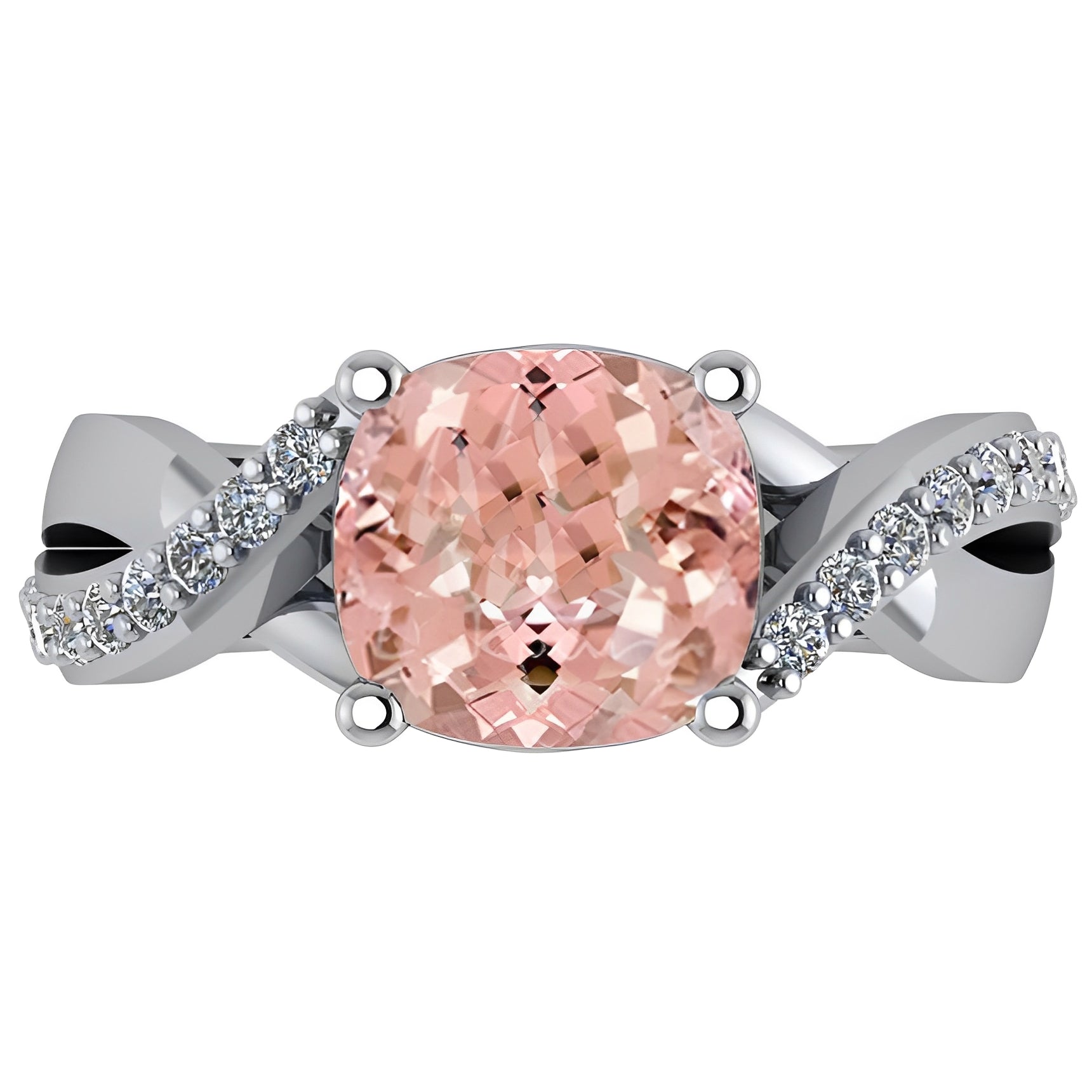 Twisted Cushion Pink Morganite Ring in 14k White Gold (4.16ct) Flat View