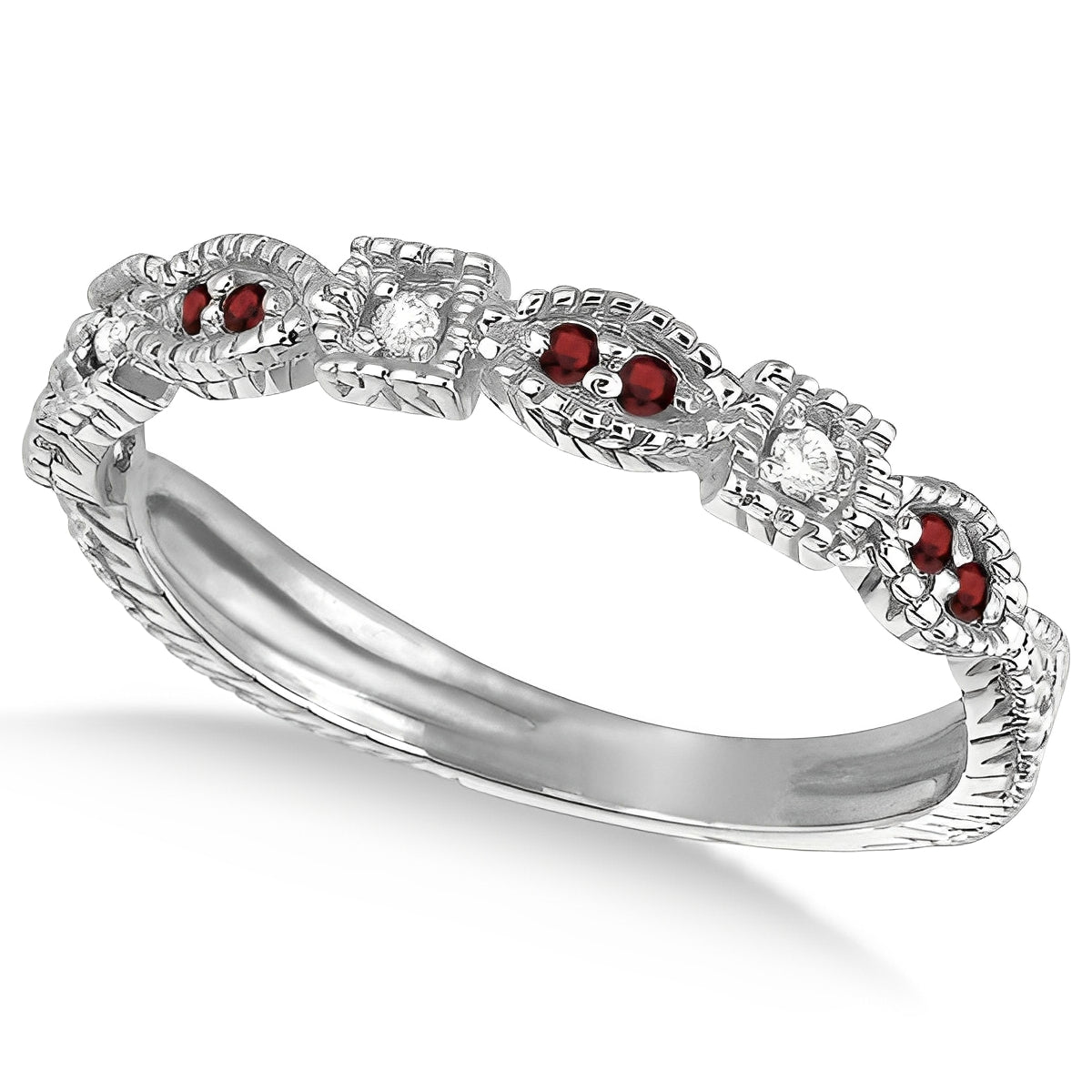 Vintage Garnet & Diamond Stackable Ring in 14K White Gold (0.15ct) – Milgrain Marquise & Square Design top view