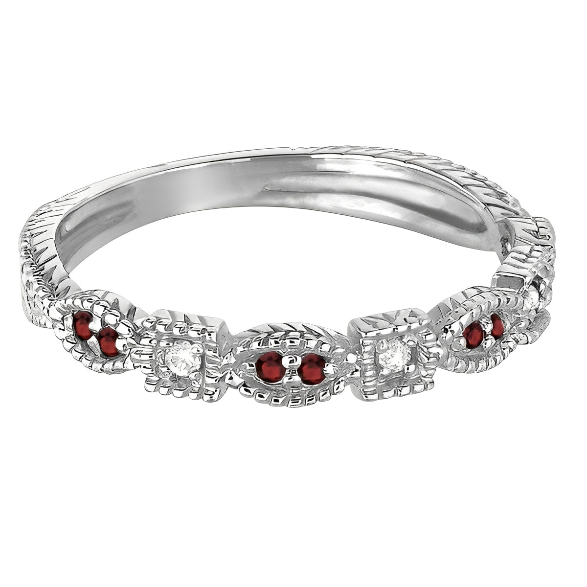 Vintage Garnet & Diamond Stackable Ring in 14K White Gold (0.15ct) – Milgrain Marquise & Square Design flat view