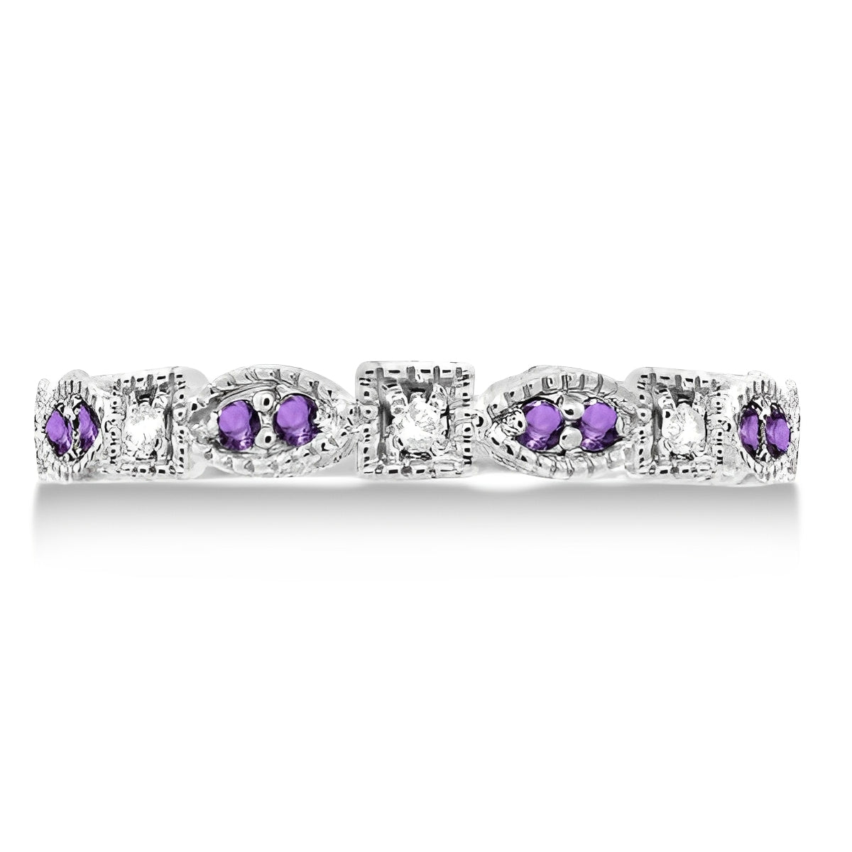 Vintage Stackable Diamond & Amethyst Ring in 14k White Gold (0.15ct) Flat View 2