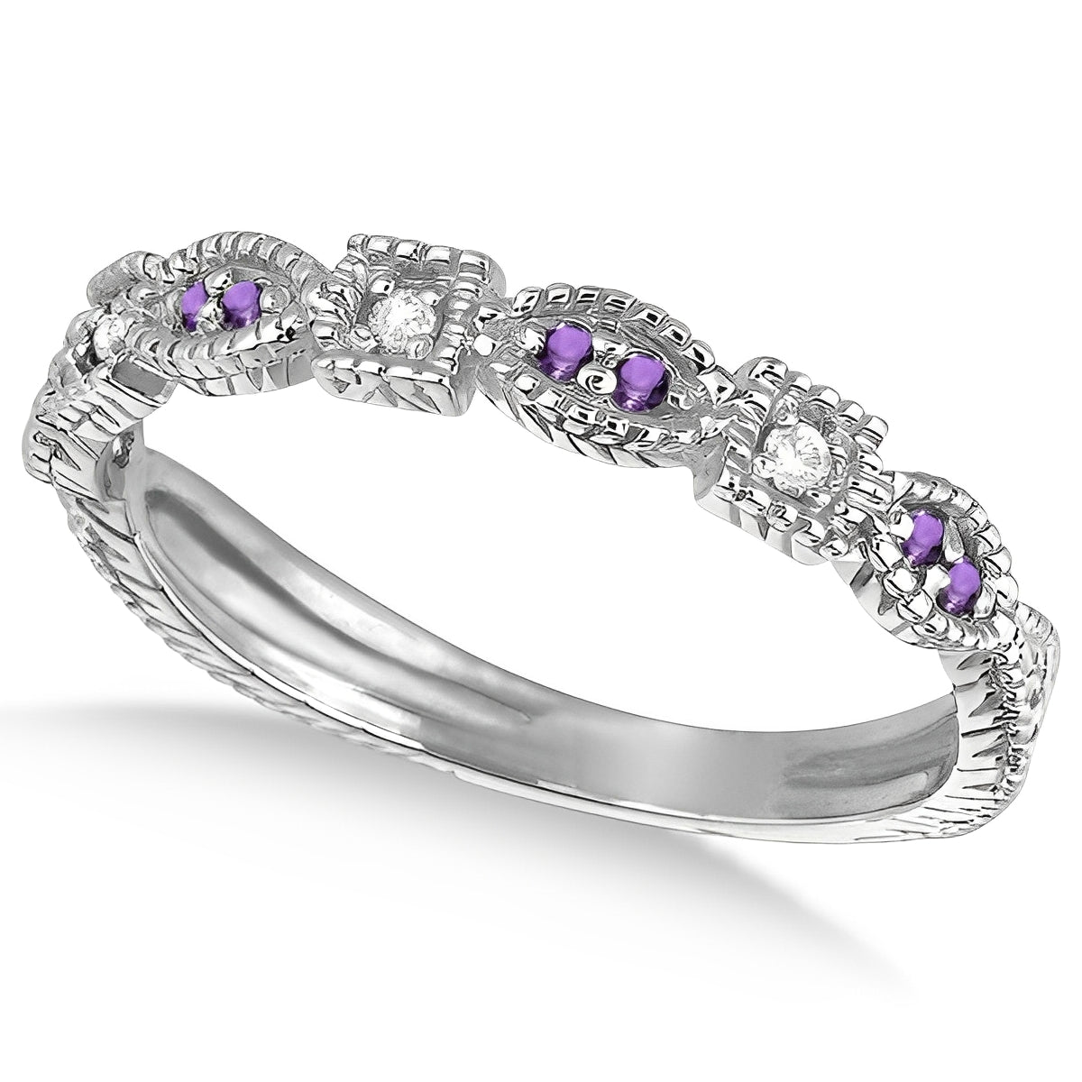 Vintage Stackable Diamond & Amethyst Ring in 14k White Gold (0.15ct) Top View