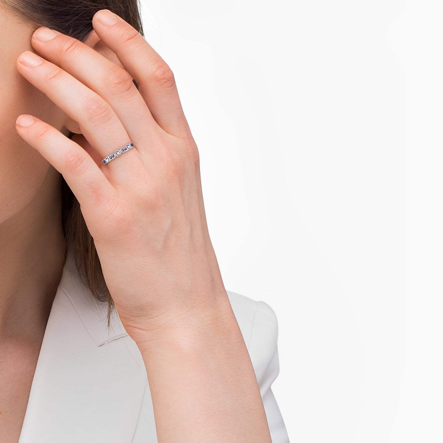 Vintage Stackable Diamond & Amethyst Ring in 14k White Gold (0.15ct) when Worn