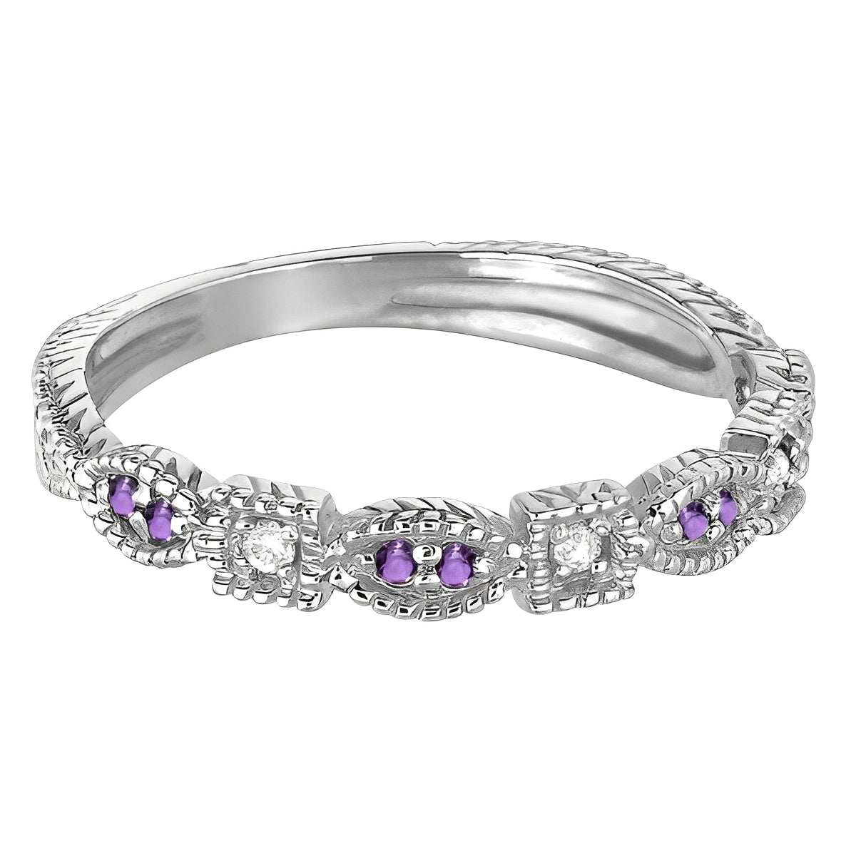 Vintage Stackable Diamond & Amethyst Ring in 14k White Gold (0.15ct) Flat View