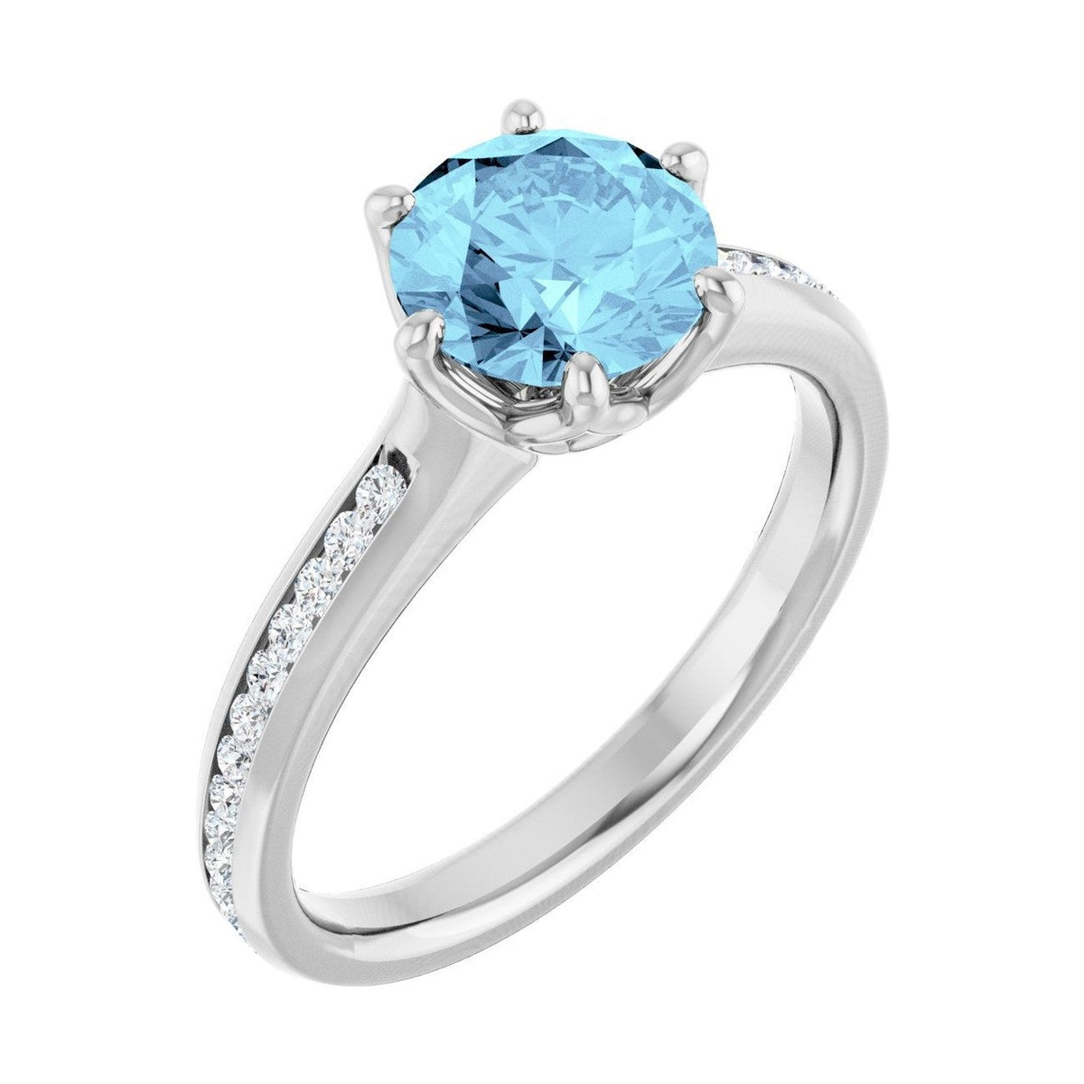 Round 1 ct Accented Shoulder Natural Aquamarine Engagement Ring in 14K White Gold