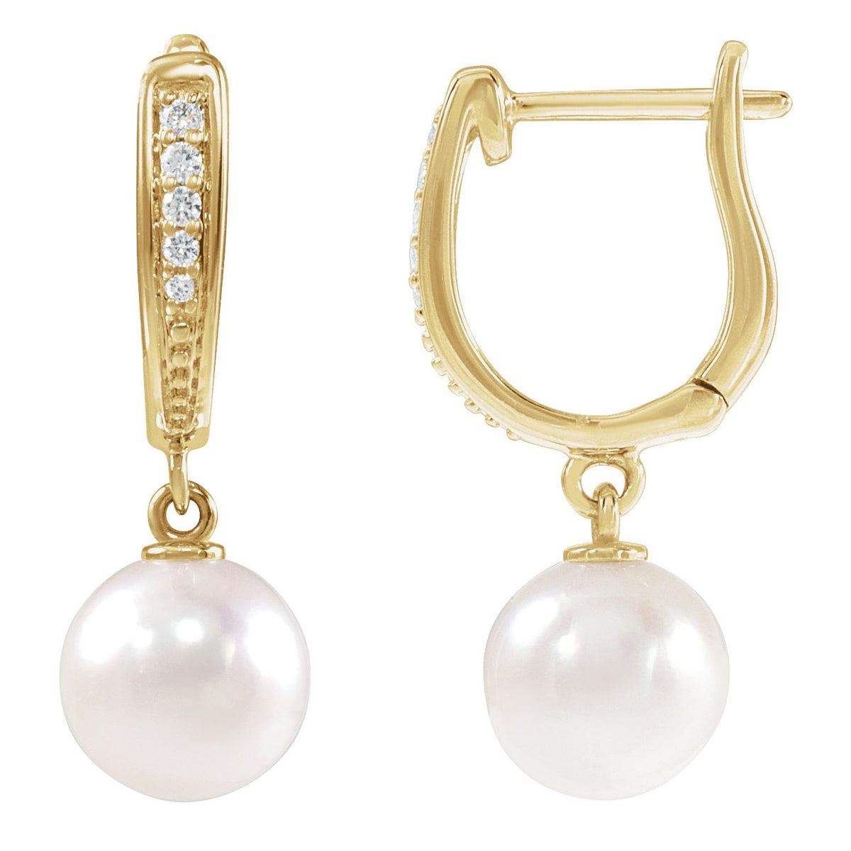 Akoya Pearl & Diamond Lever Back Earrings in 14k yellow gold