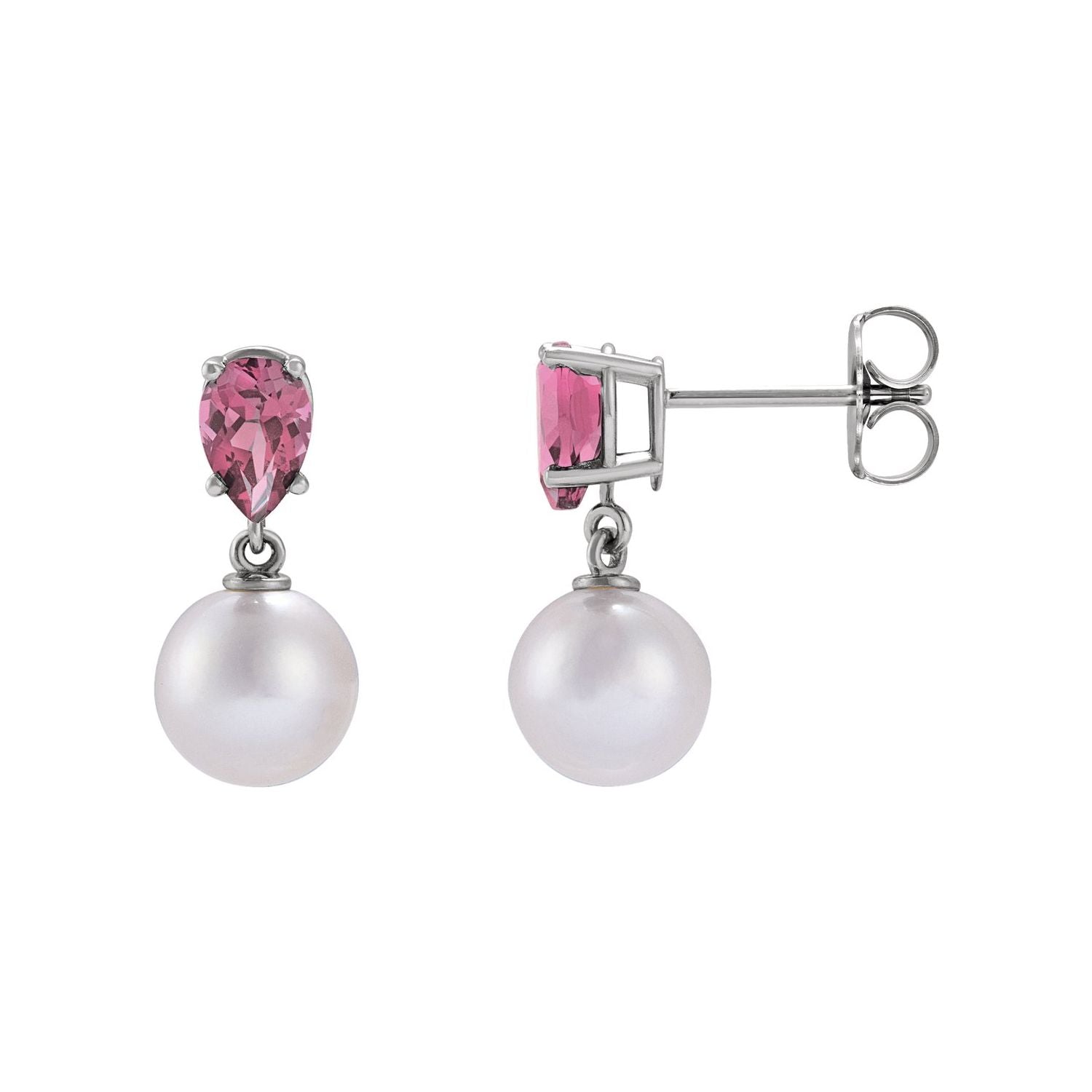14K White Gold natural pink tourmaline and akoya pearl drop earrings