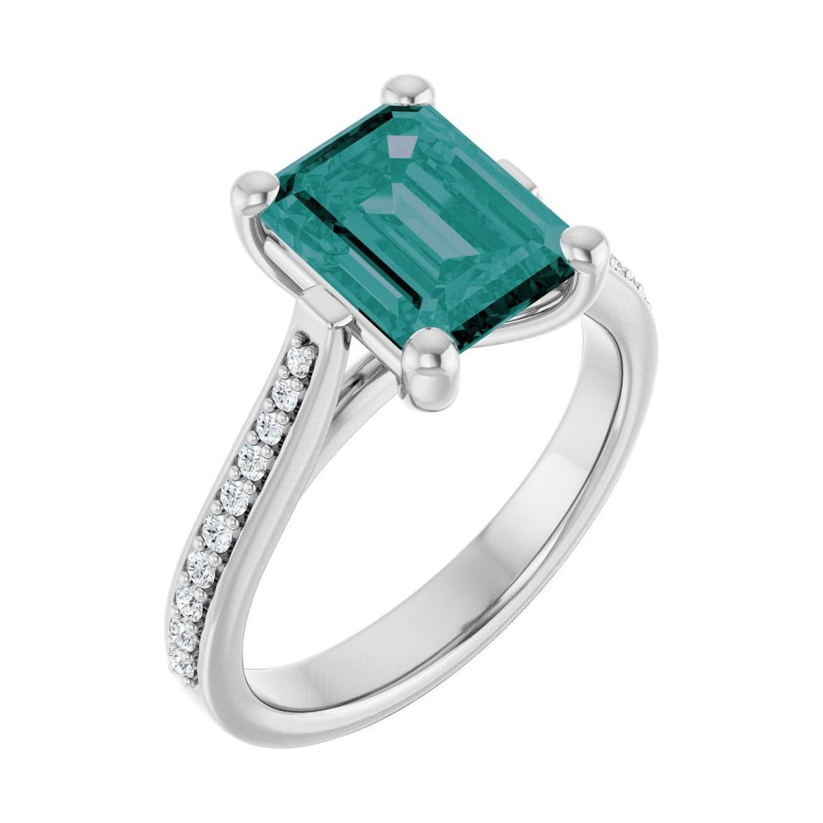 Emerald 1.5 ct alexandrite 14K White Gold french pavé solitaire engagement ring
