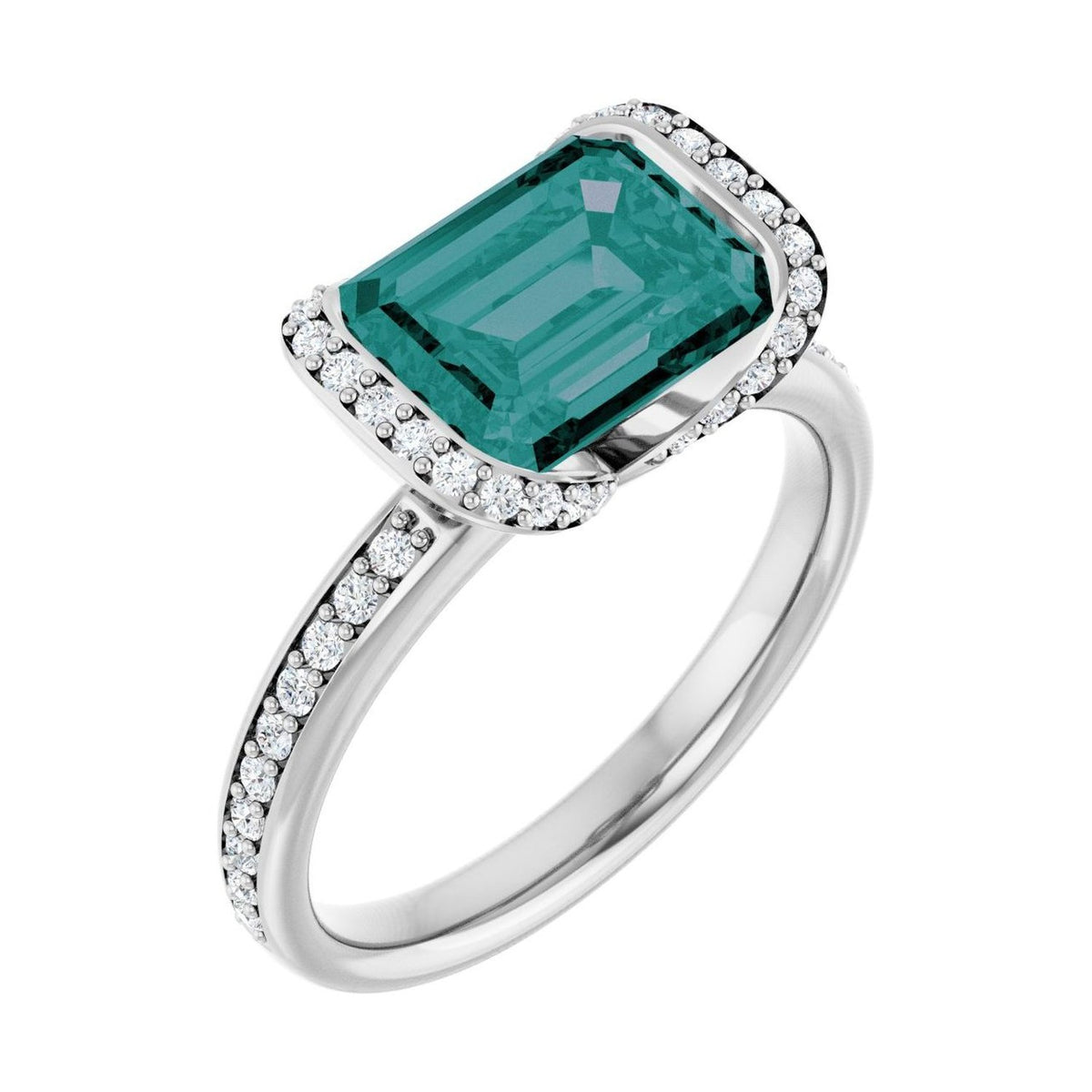 Emerald 1.5 ct alexandrite 14K White Gold half-bezel halo engagement ring
