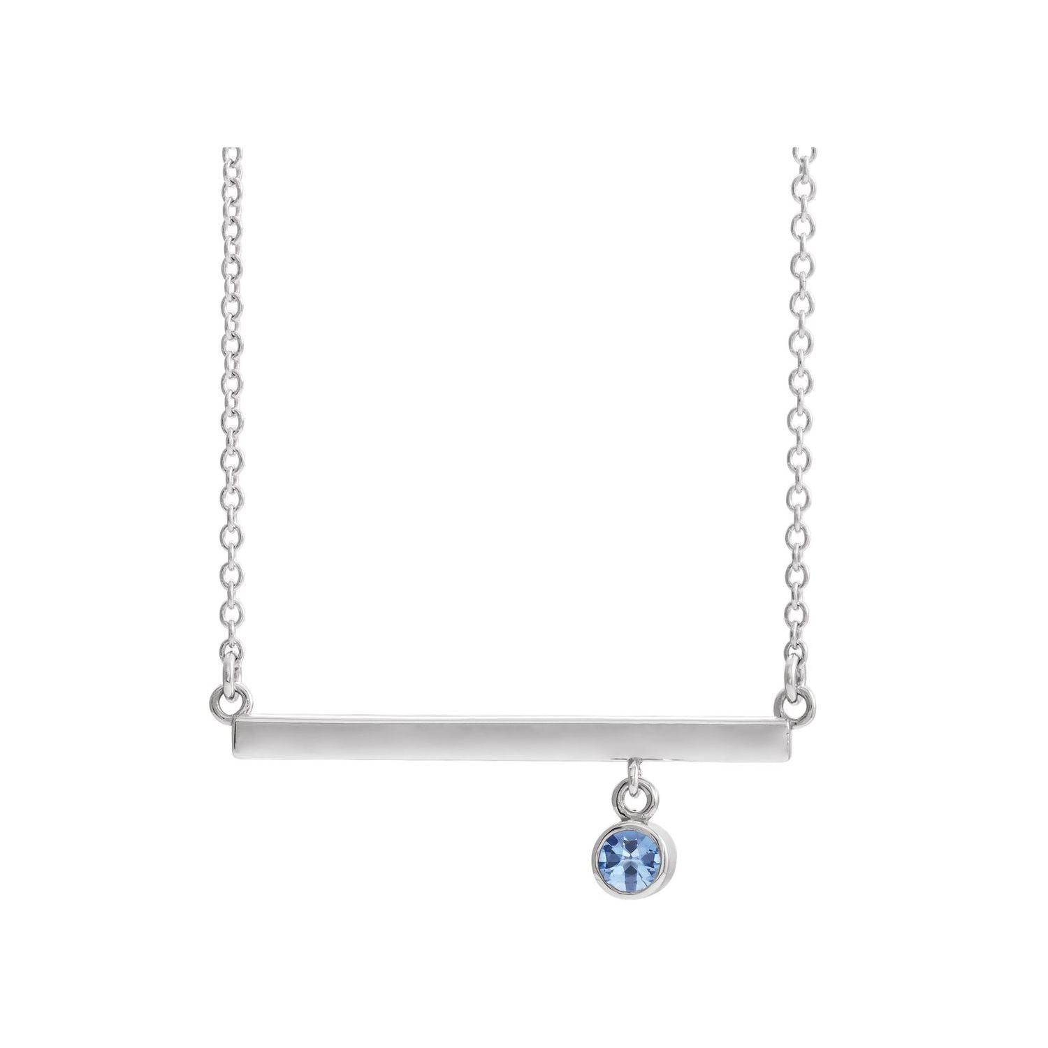 bezel-set aquamarine drop on a polished bar, 14K White Gold