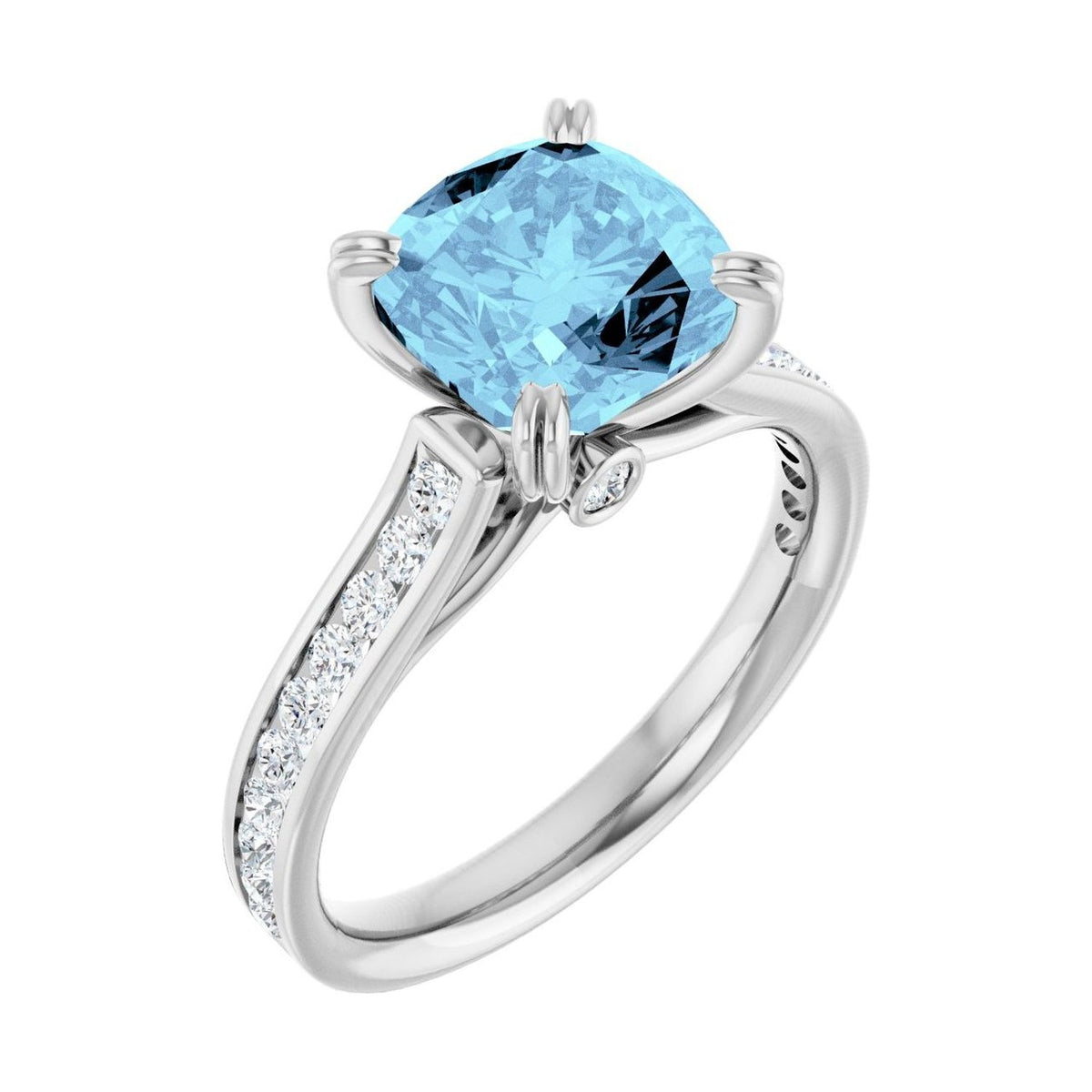 Cushion 1 ct aquamarine 14K White Gold cathedral pavé engagement ring