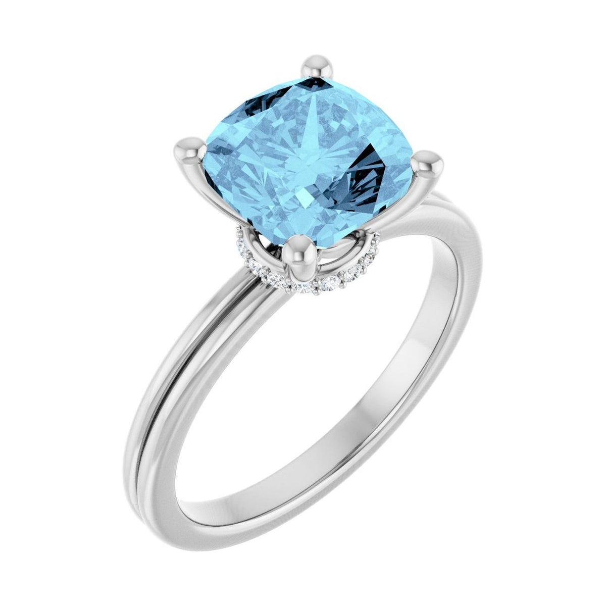 Cushion 1 ct aquamarine 14K White Gold hidden-accent solitaire engagement ring