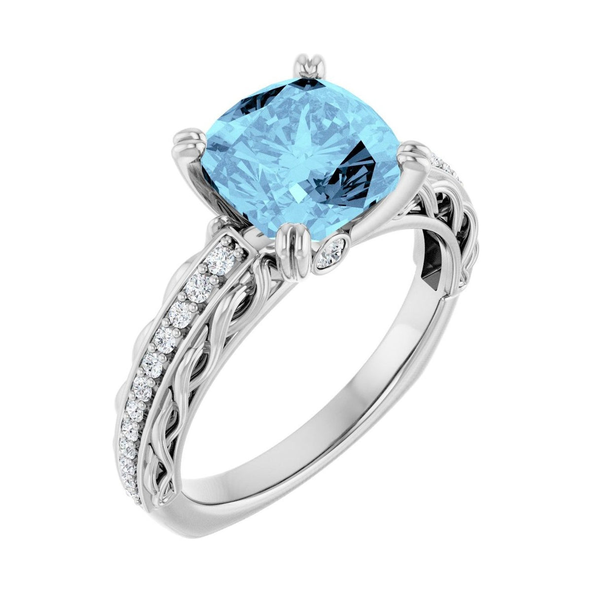 Cushion 1 ct aquamarine 14K White Gold twisted vine solitaire engagement ring