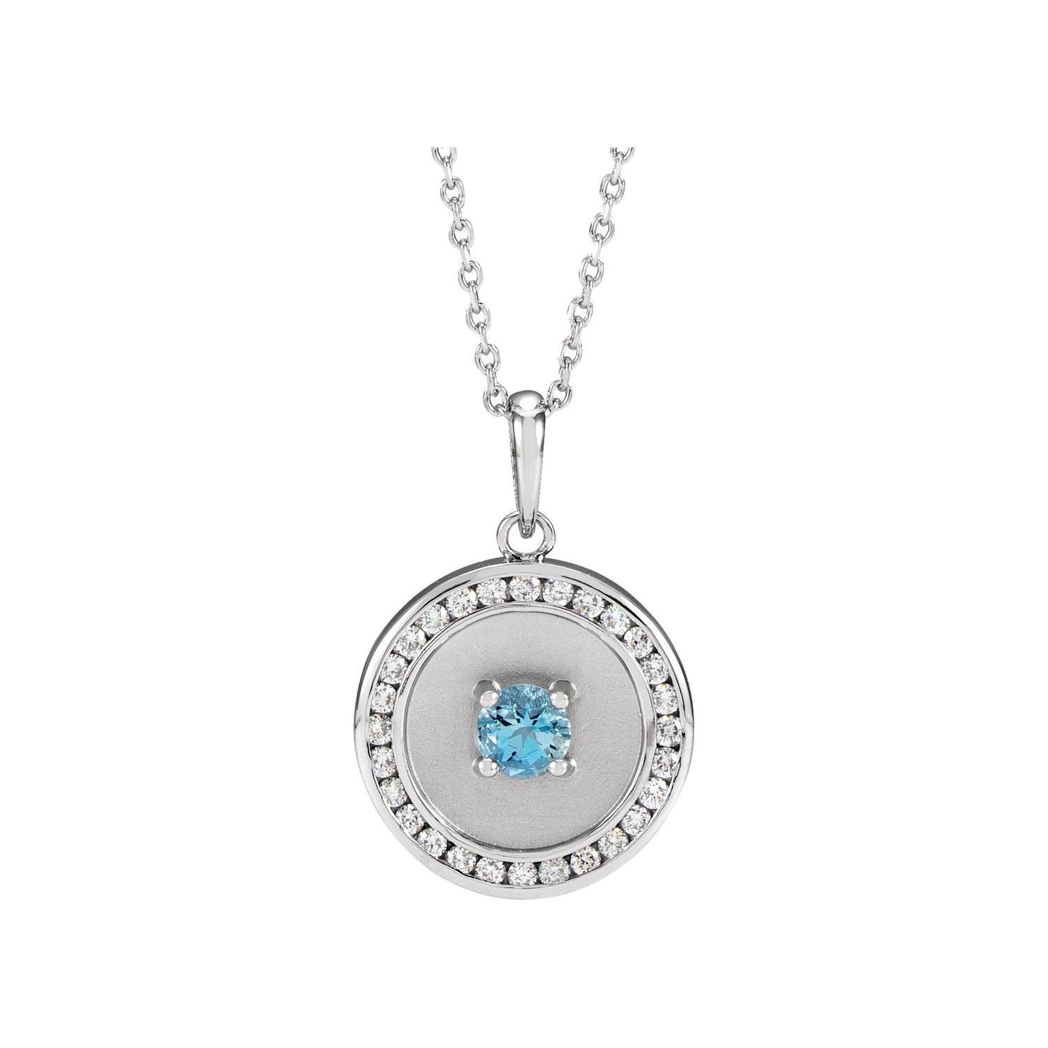 Aquamarine and Diamond Disc Necklace in 14K White Gold on a 16 to 18 inch adjustable gold cable chain