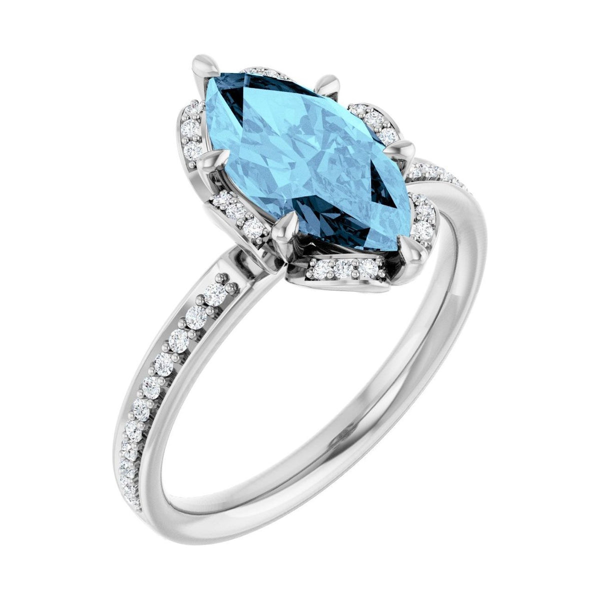 Marquise 1 ct aquamarine 14K White Gold petite pavé halo engagement ring