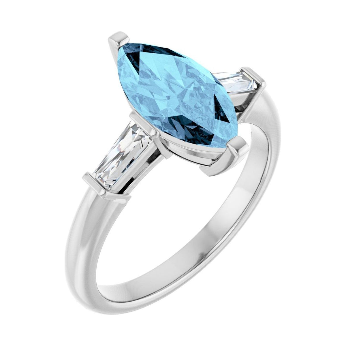 Marquise 1 ct aquamarine 14K White Gold tapered baguette three-stone engagement ring