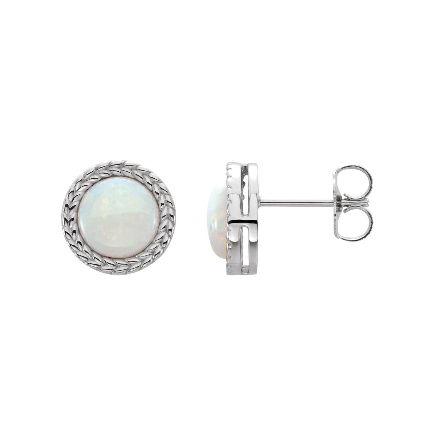 14K White Gold round Australian white opal cabochon stud in a carved textured bezel, 7 mm