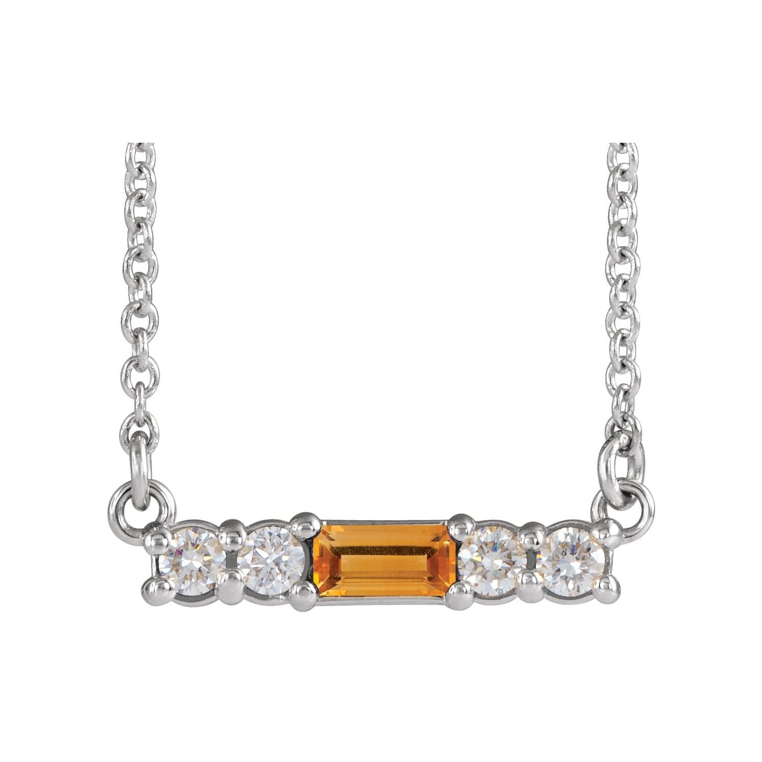 14K White Gold citrine baguette bar necklace with four diamond accents