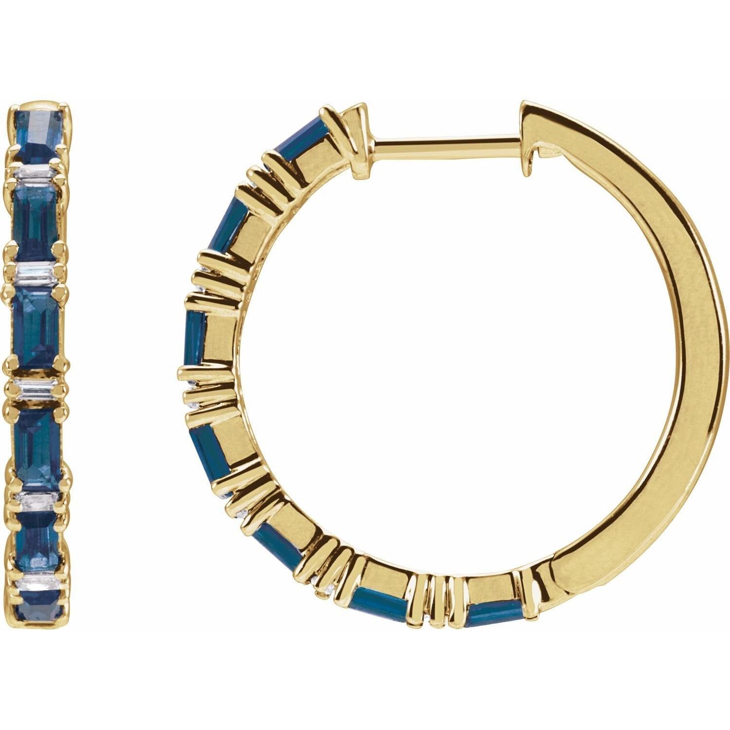baguette natural blue sapphire hoop earrings in 14k Yellow Gold