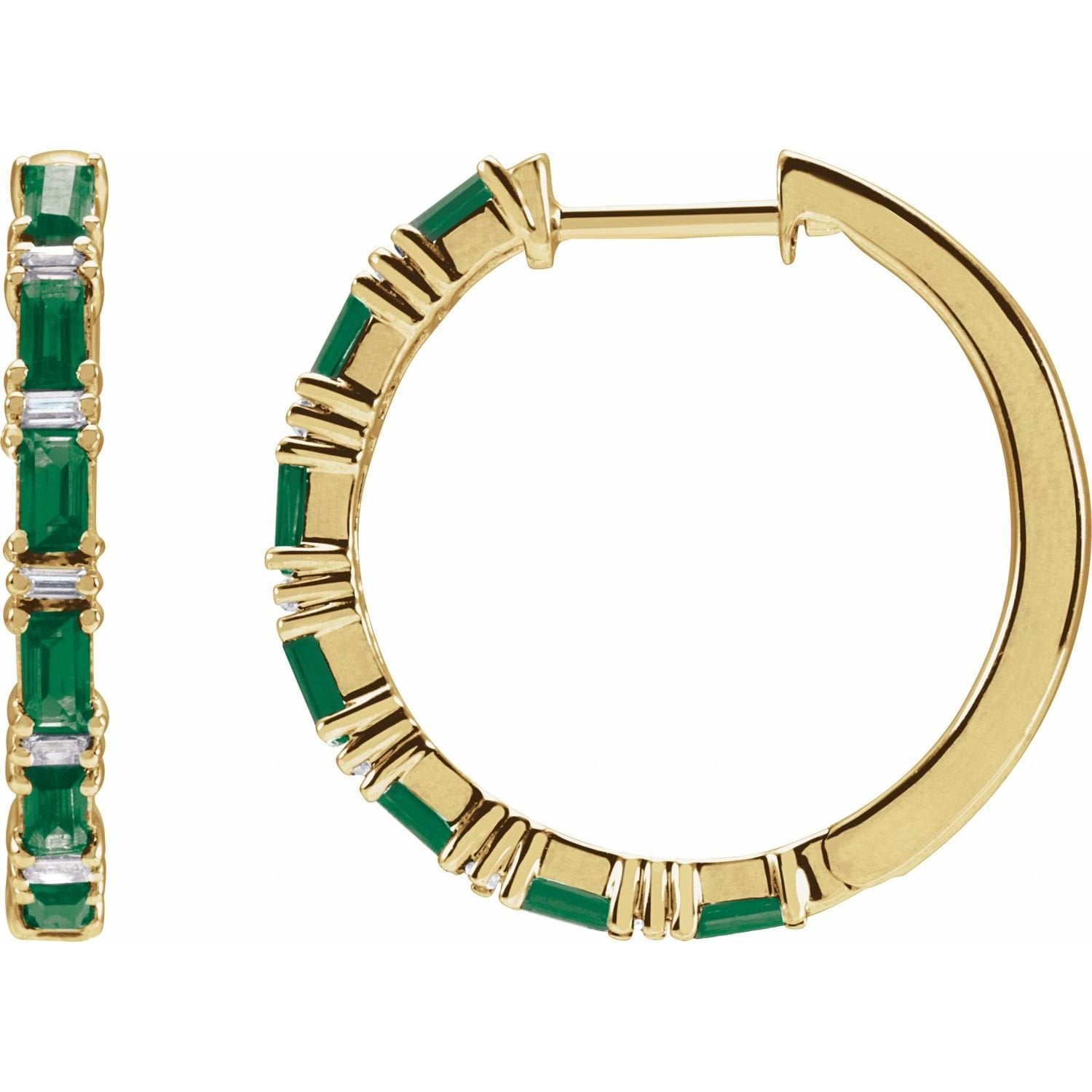 baguette natural emerald hoop earrings in 14k Yellow Gold