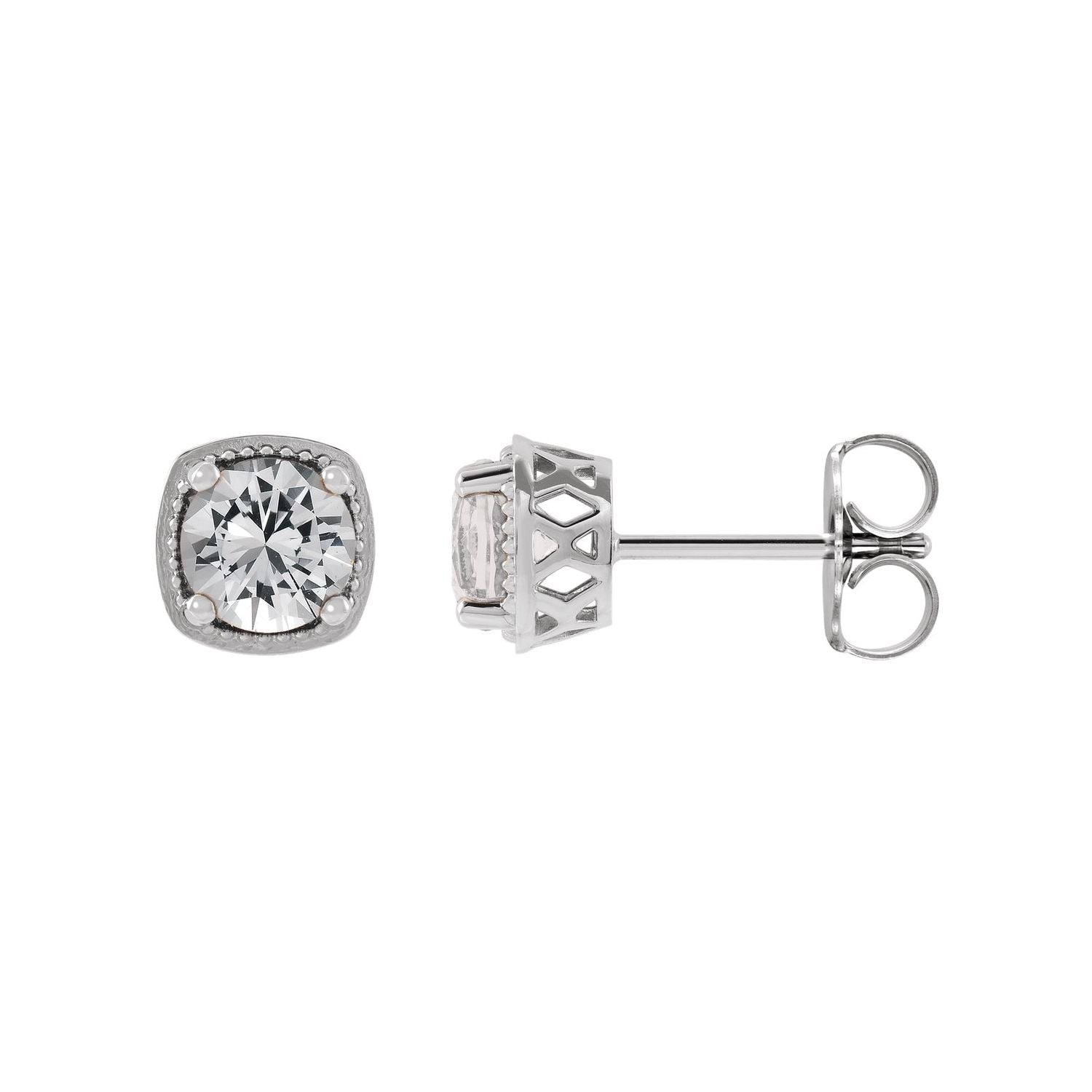 14K White Gold beaded cushion-frame 4.5 mm round white sapphire stud earrings